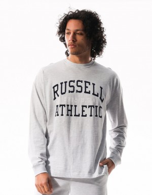 Men Russell Athletic Big Arch Outline Long Sleeve T Shirts Light Grey | QXKARB789