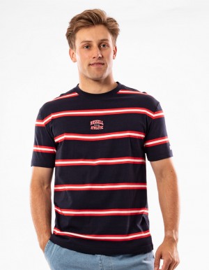 Men Russell Athletic Kansas Stripe T Shirts Navy | IXJYLZ195