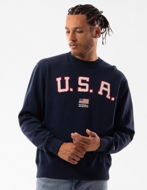 Men Russell Athletic Lewis Crew Neck Sweaters Navy | VYQGBM265