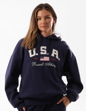 Women Russell Athletic 1902 Oversized Hoodie Blue | SZUQNY820