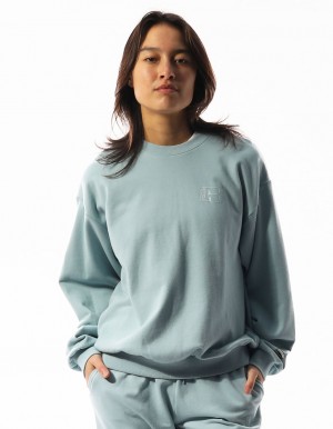 Women Russell Athletic Inlay Logo Unbrushed Crew Neck Sweaters Turquoise | XBIHCZ287