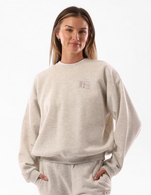 Women Russell Athletic Original Inlay Logo Crew Neck Sweaters Khaki | BLYHKI841