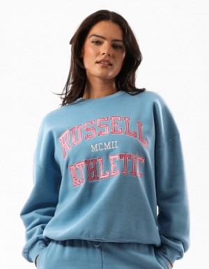 Women Russell Athletic Seattle Arch Oversized Crew Neck Sweaters Blue | ISZAXK485