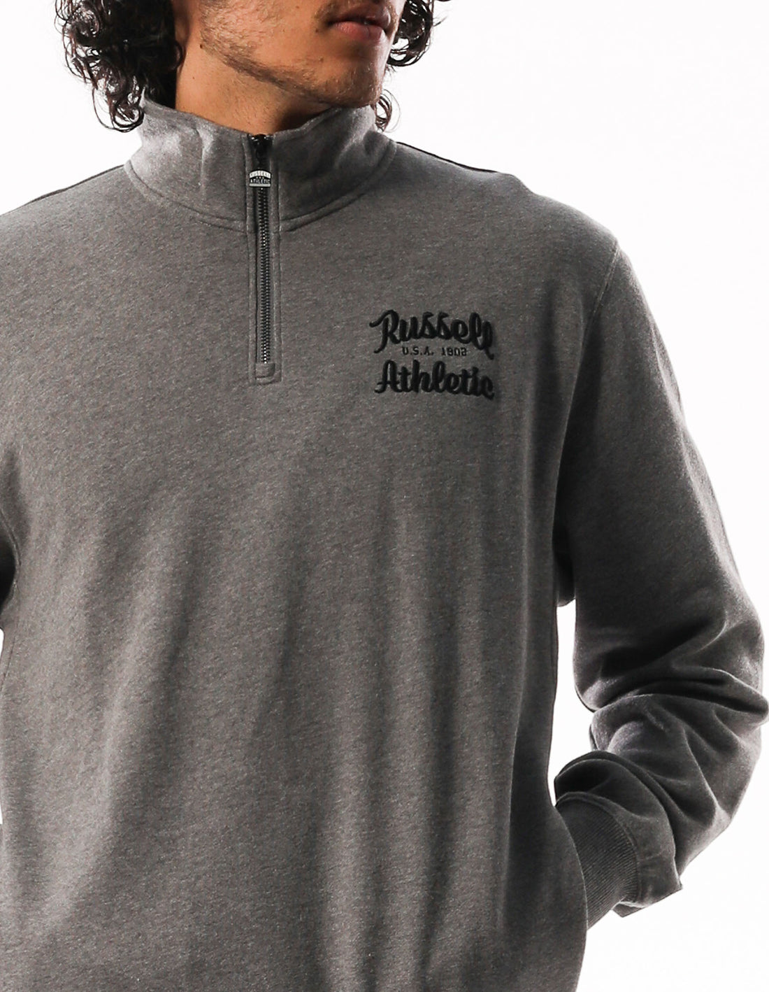 Men Russell Athletic Baseball Script 1/4 Zip Top Dark Grey | LOYMBT381