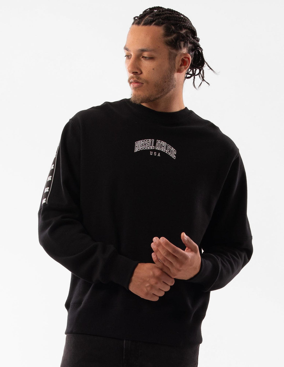 Men Russell Athletic Batten Crew Neck Sweaters Black | QTUXBS854