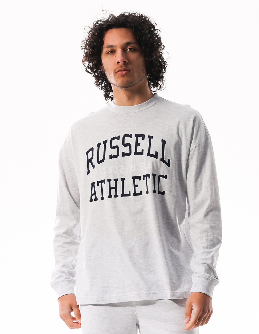 Men Russell Athletic Big Arch Outline Long Sleeve T Shirts Light Grey | QXKARB789