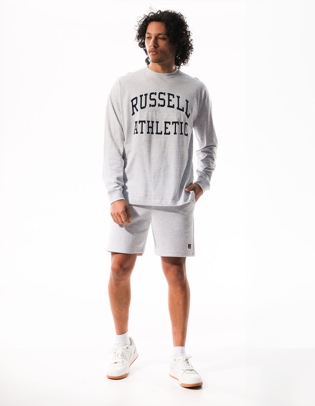 Men Russell Athletic Big Arch Outline Long Sleeve T Shirts Light Grey | QXKARB789