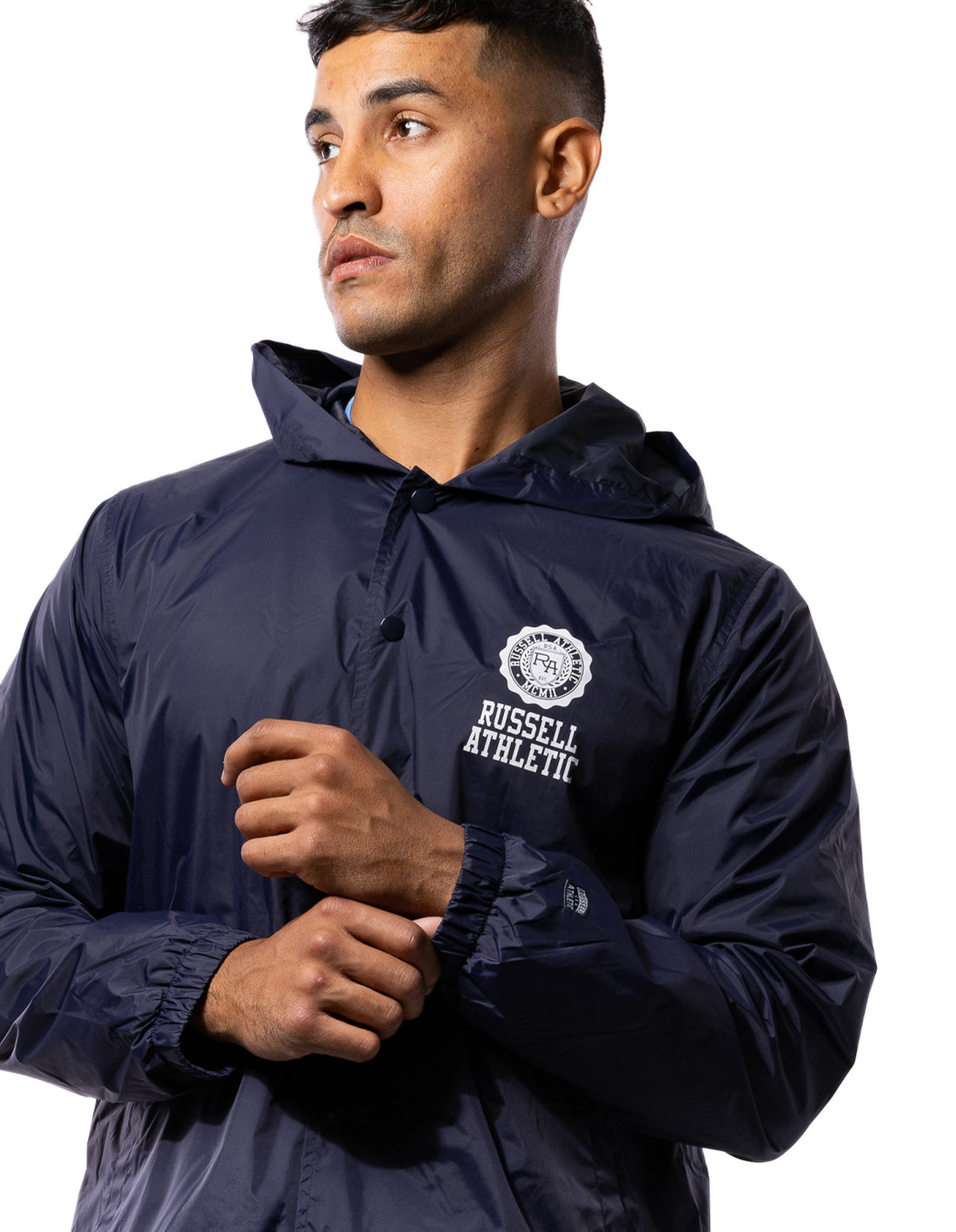 Men Russell Athletic Hooded Coaches Jackets Navy | KLHXRZ920