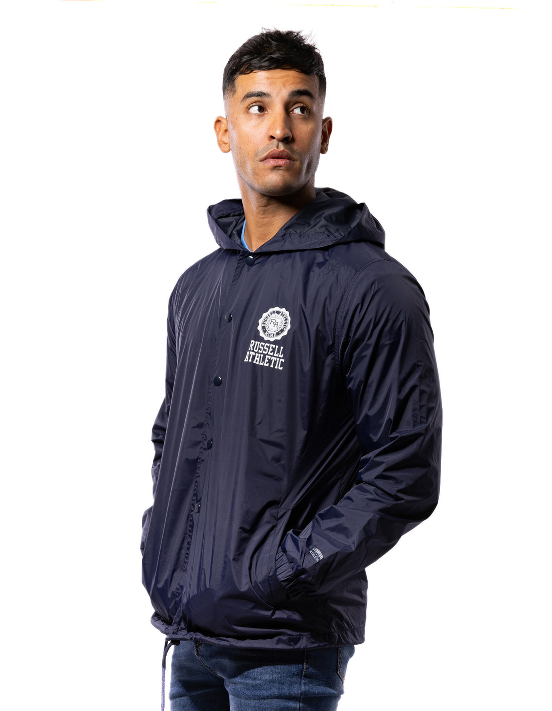 Men Russell Athletic Hooded Coaches Jackets Navy | KLHXRZ920