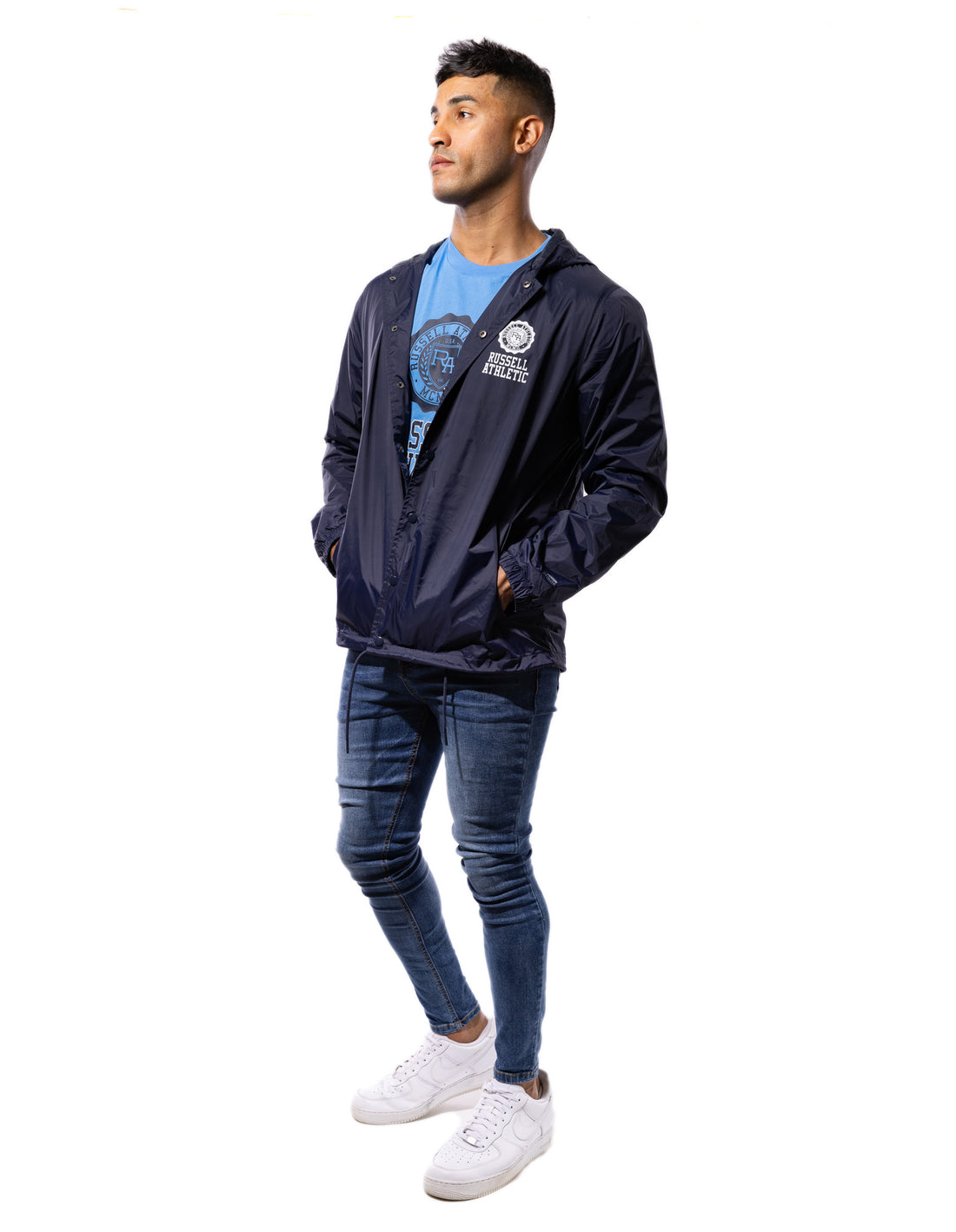 Men Russell Athletic Hooded Coaches Jackets Navy | KLHXRZ920