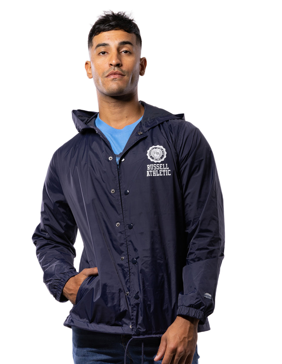 Men Russell Athletic Hooded Coaches Jackets Navy | KLHXRZ920