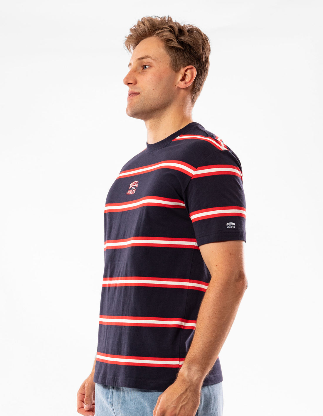 Men Russell Athletic Kansas Stripe T Shirts Navy | IXJYLZ195