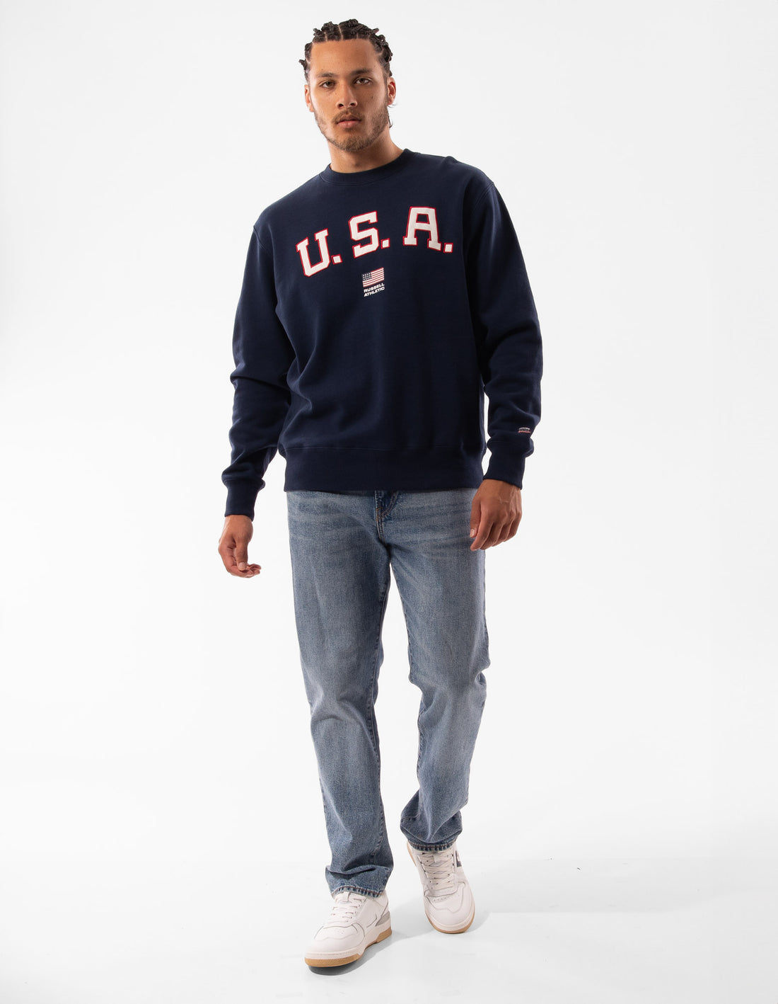 Men Russell Athletic Lewis Crew Neck Sweaters Navy | VYQGBM265