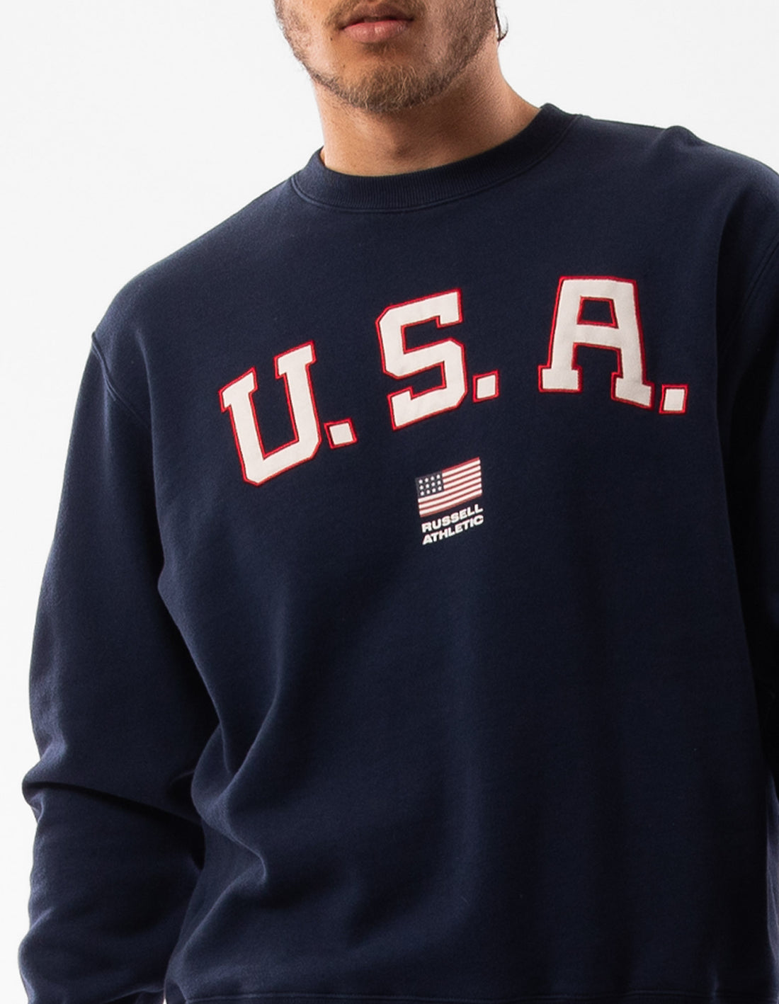 Men Russell Athletic Lewis Crew Neck Sweaters Navy | VYQGBM265