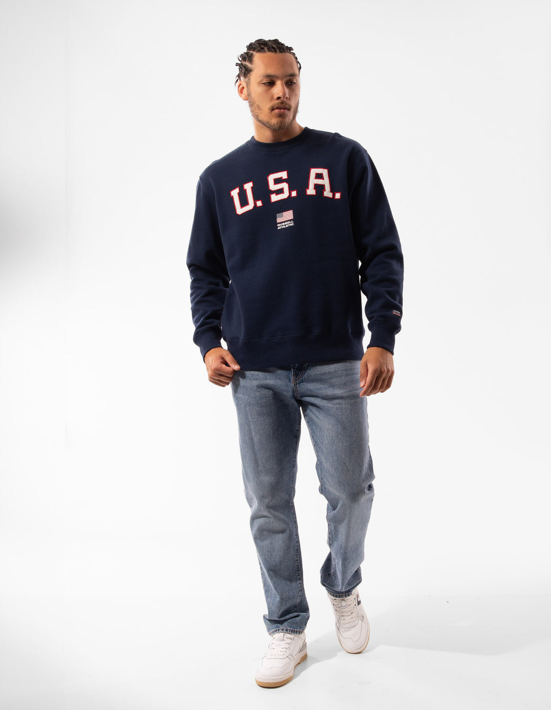 Men Russell Athletic Lewis Crew Neck Sweaters Navy | VYQGBM265