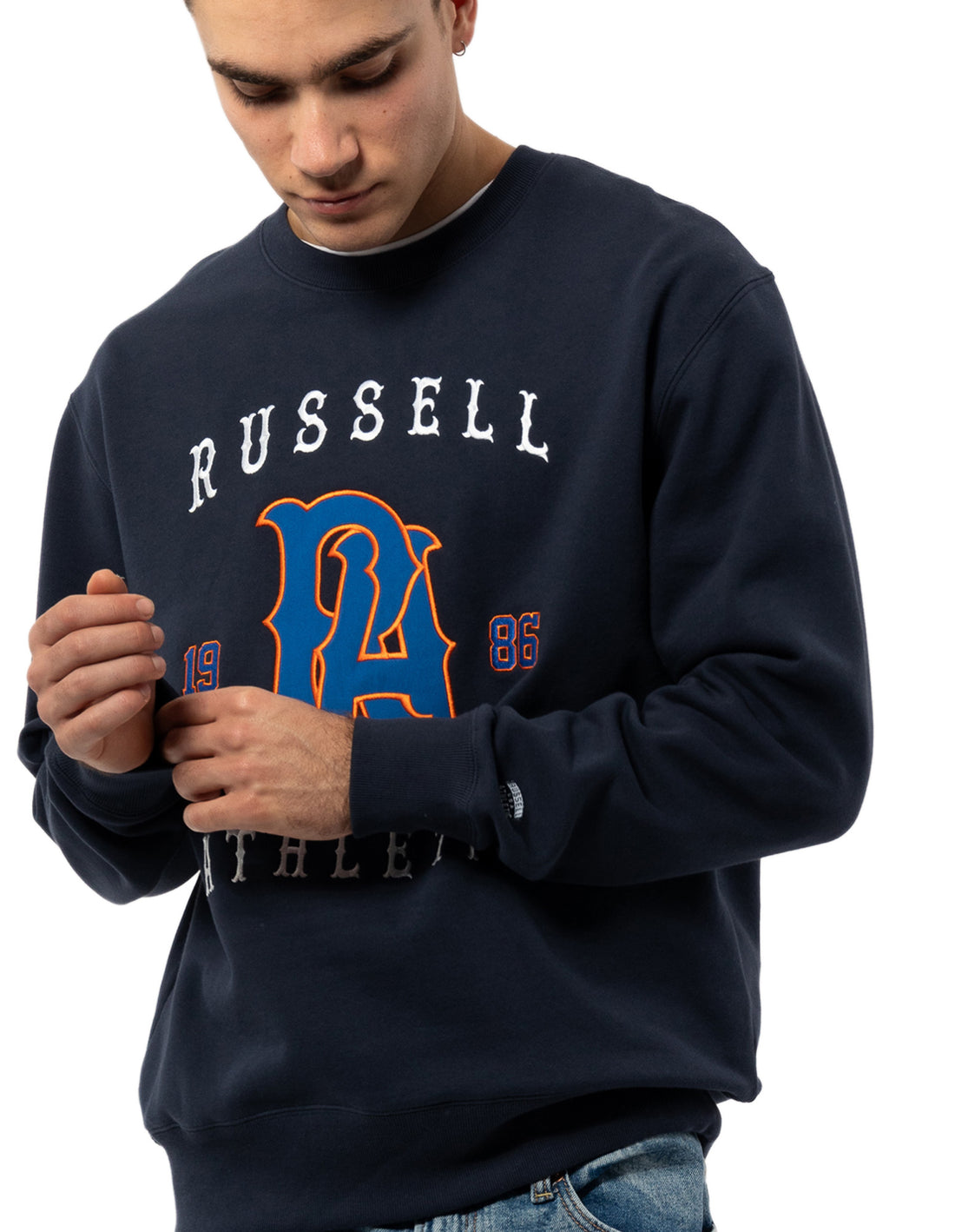 Men Russell Athletic Midfielder Crew Neck Sweaters Navy | OHSJUF470