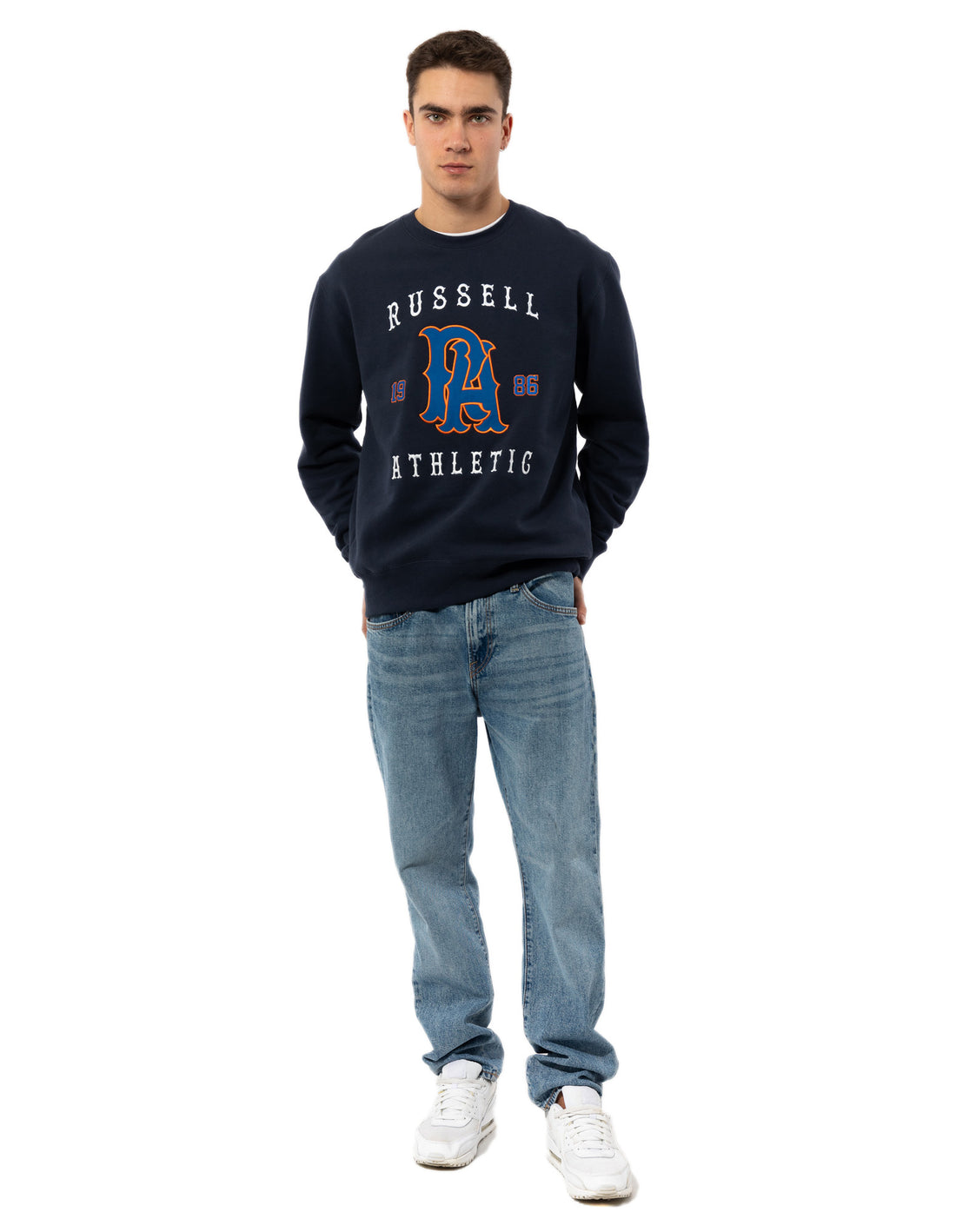 Men Russell Athletic Midfielder Crew Neck Sweaters Navy | OHSJUF470