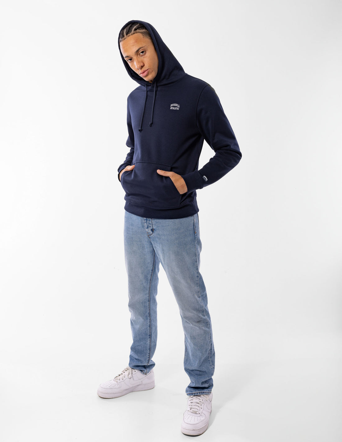 Men Russell Athletic Originals Small Arch Hoodie Navy | CZVBDF216