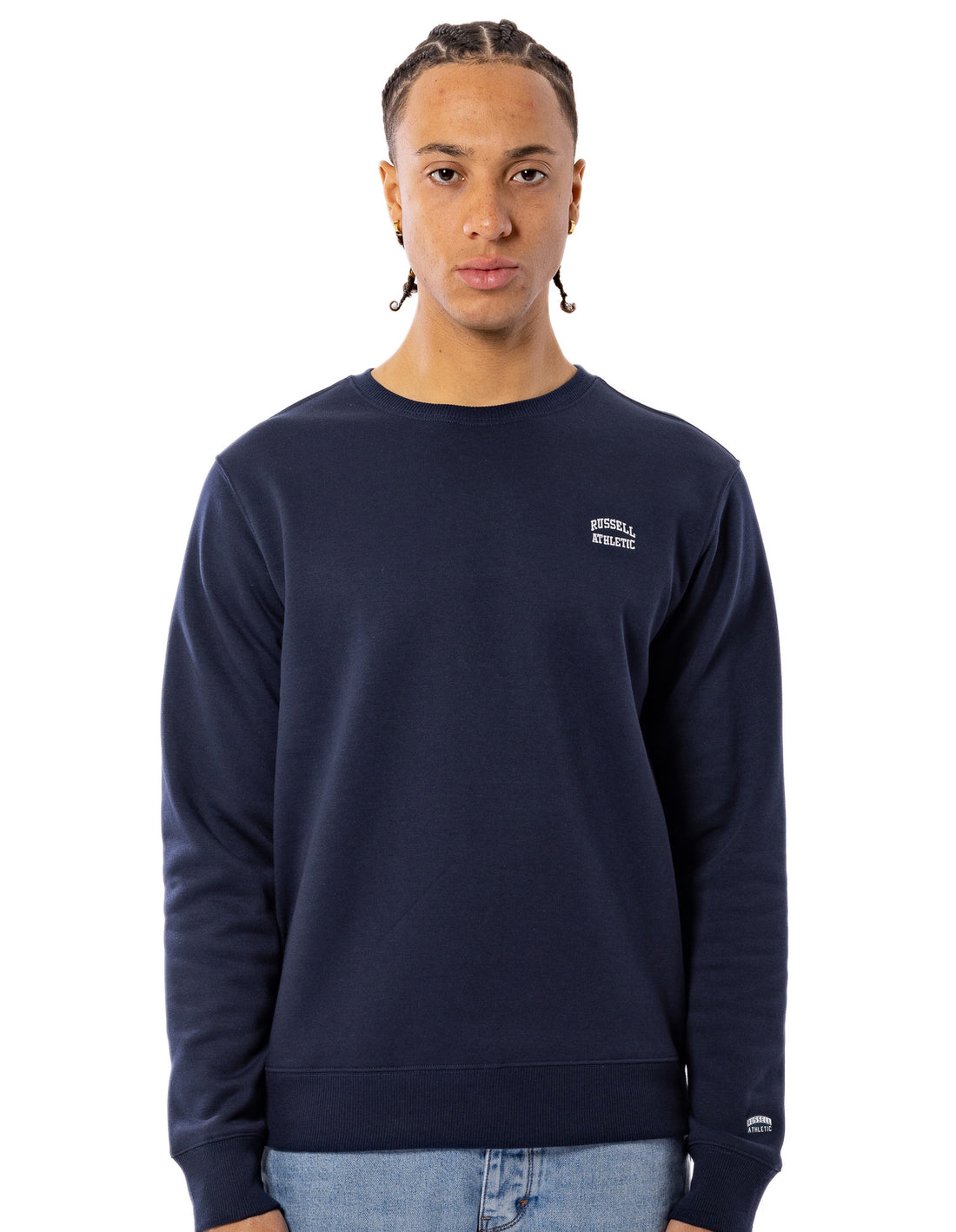 Men Russell Athletic Originals Small Arch Crew Neck Sweaters Navy | KZJSYD207