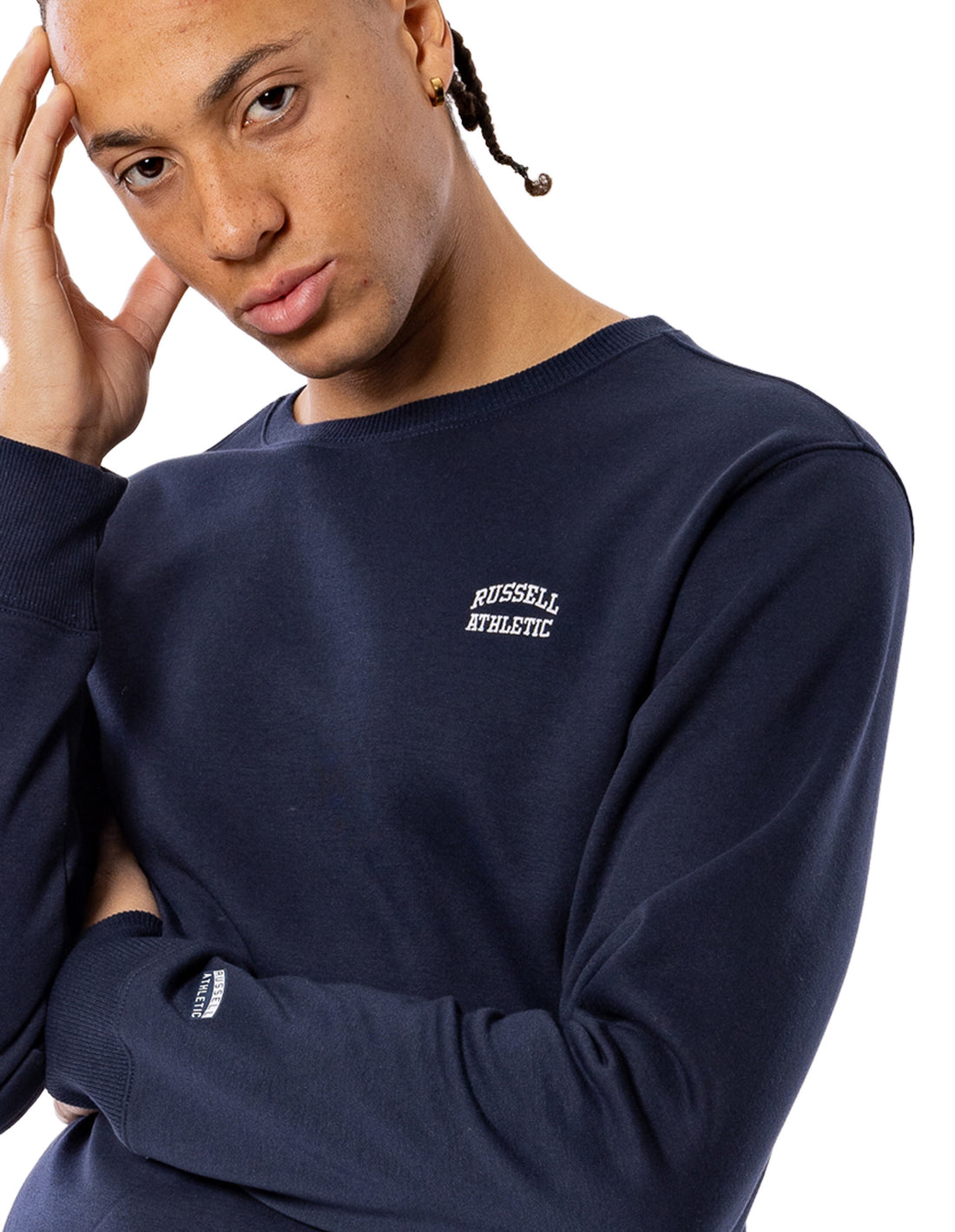 Men Russell Athletic Originals Small Arch Crew Neck Sweaters Navy | KZJSYD207