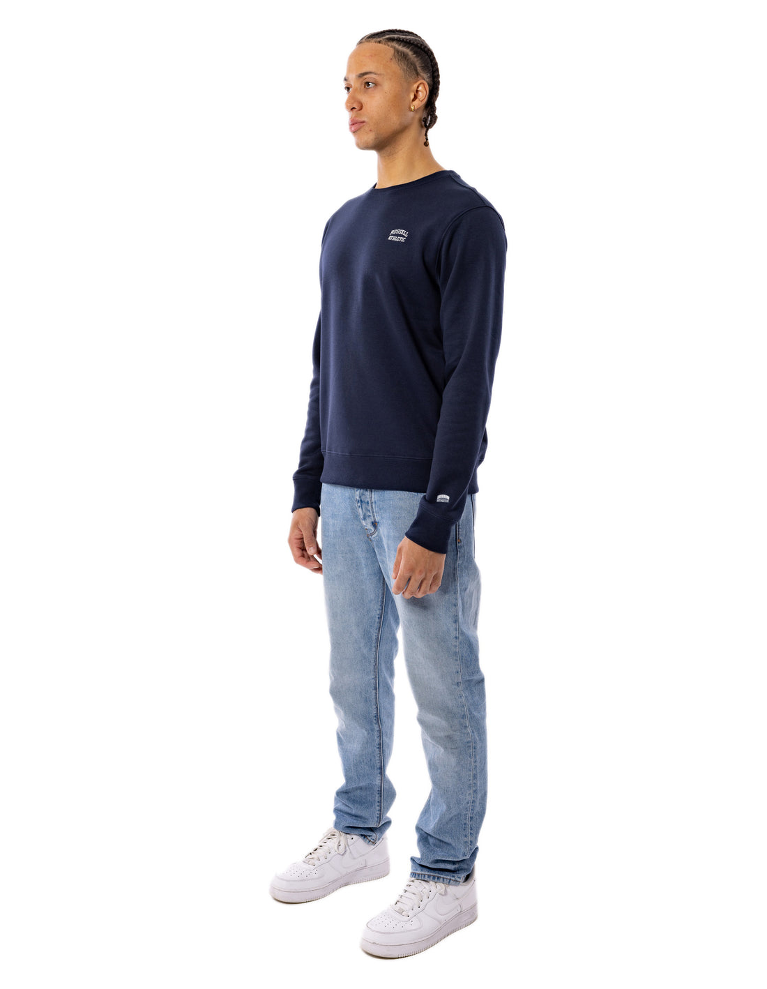 Men Russell Athletic Originals Small Arch Crew Neck Sweaters Navy | KZJSYD207