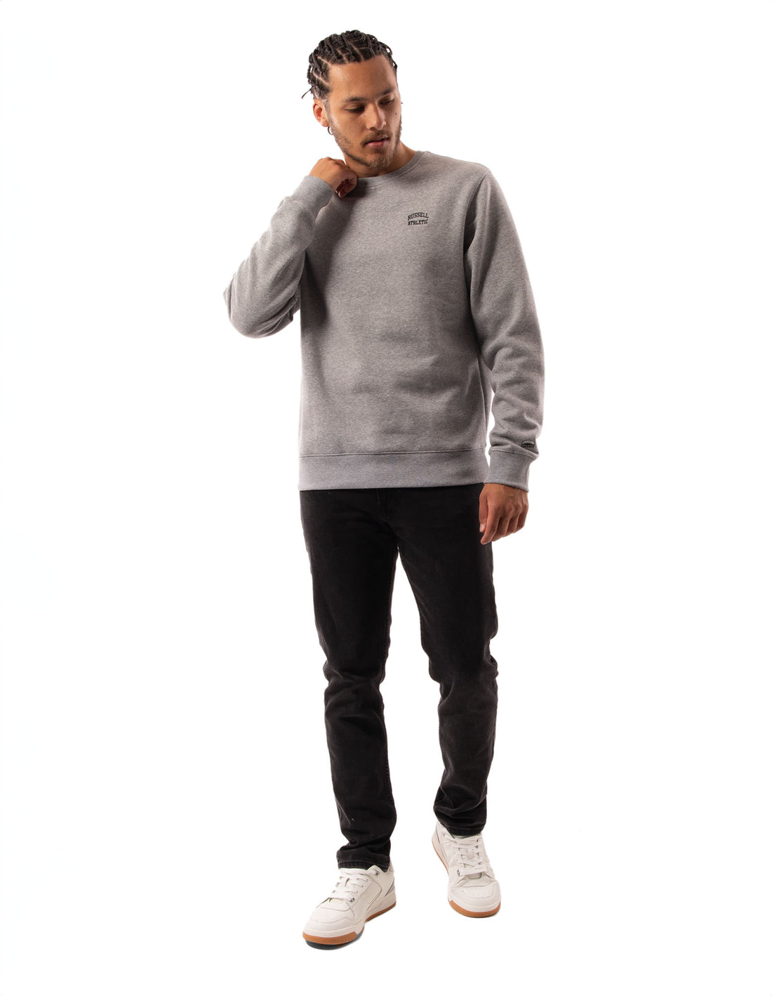 Men Russell Athletic Originals Small Arch Crew Neck Sweaters Grey | CAJHFL036