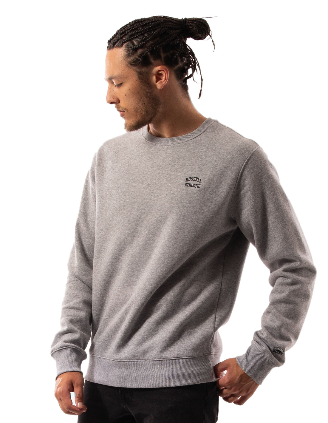 Men Russell Athletic Originals Small Arch Crew Neck Sweaters Grey | CAJHFL036