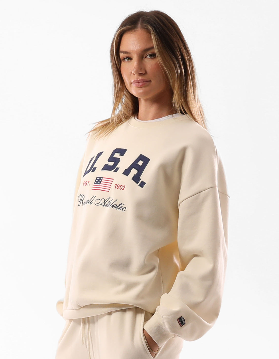 Women Russell Athletic 1902 Oversized Crew Neck Sweaters Beige | IMBDYS706