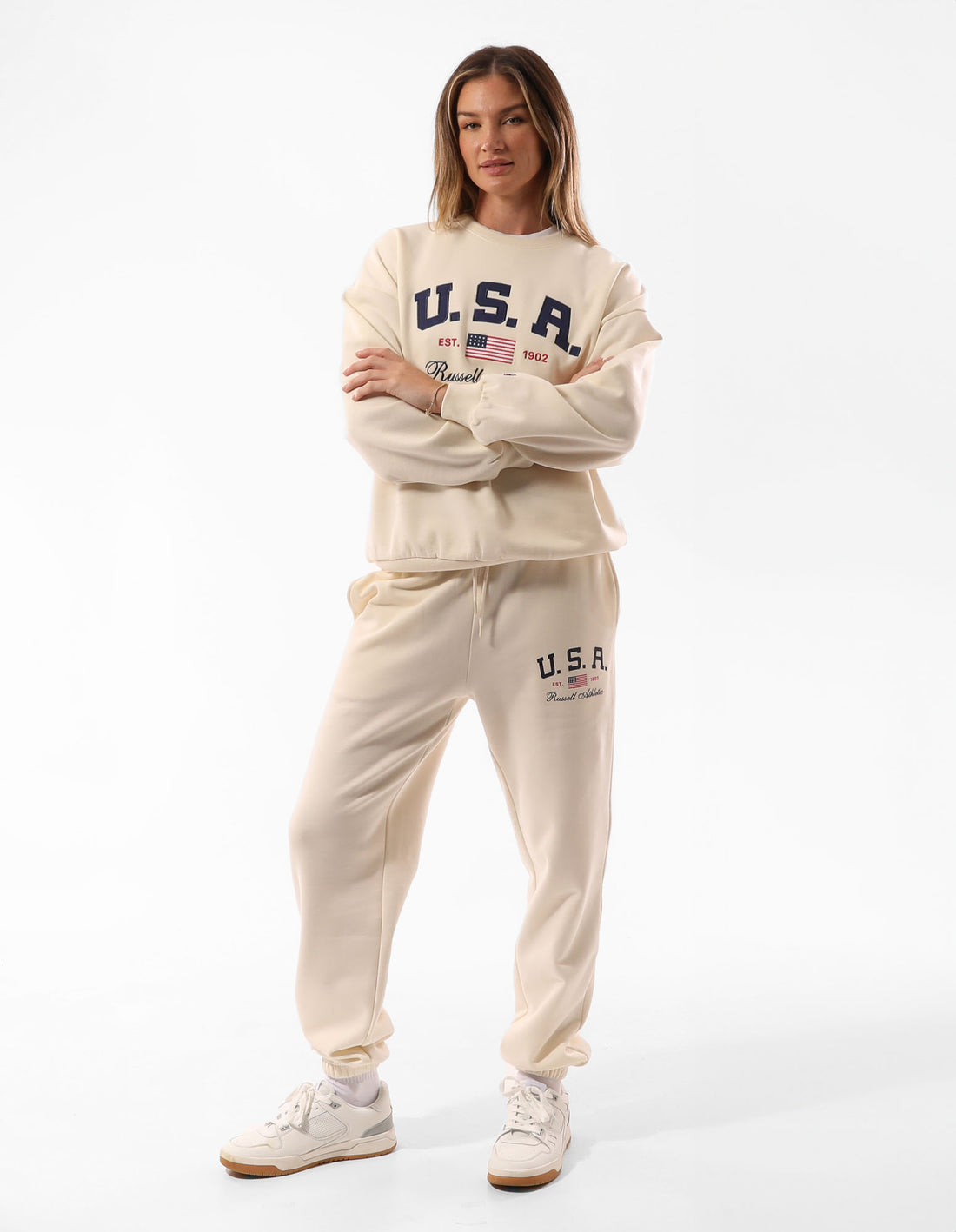 Women Russell Athletic 1902 Oversized Crew Neck Sweaters Beige | IMBDYS706