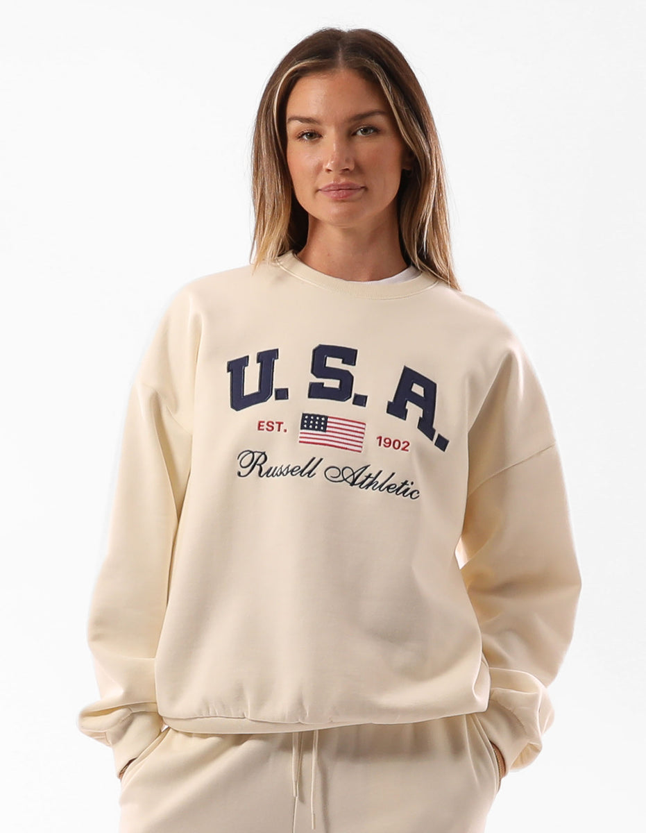 Women Russell Athletic 1902 Oversized Crew Neck Sweaters Beige | IMBDYS706