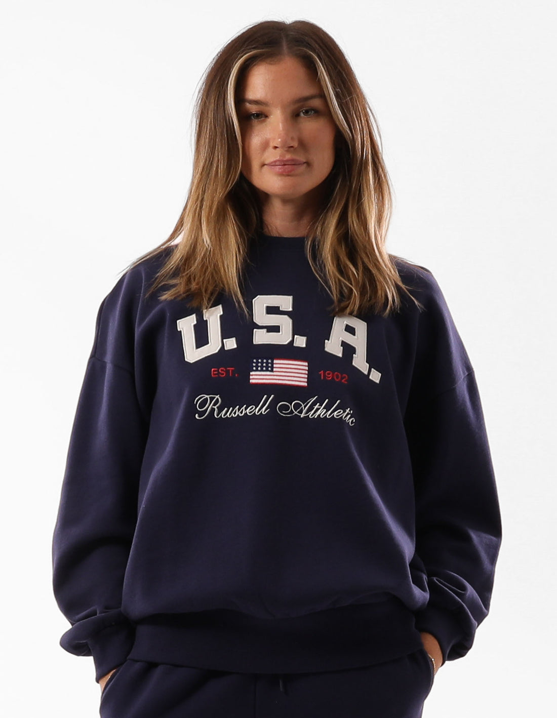 Women Russell Athletic 1902 Oversized Crew Neck Sweaters Blue | DEXBPU835