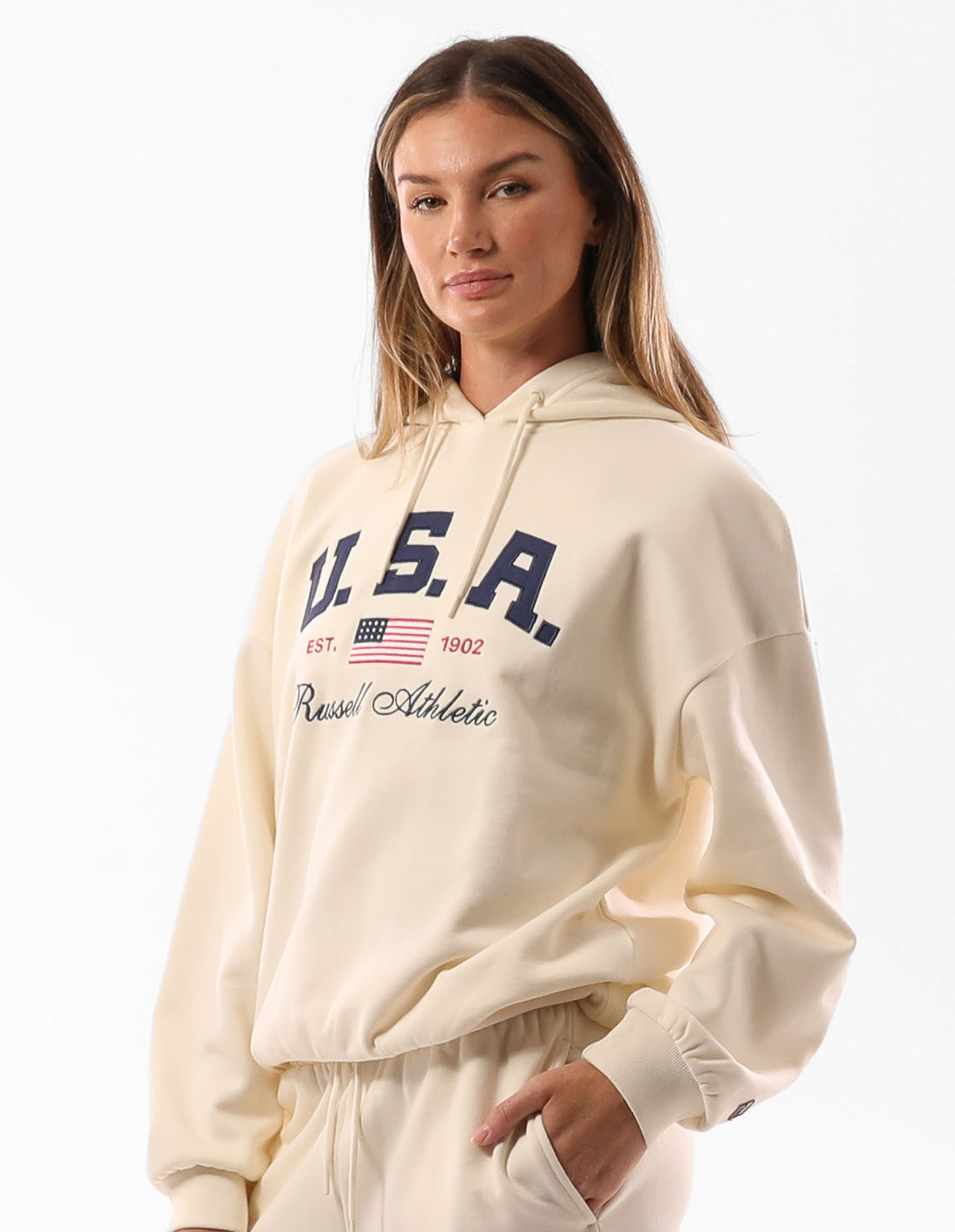 Women Russell Athletic 1902 Oversized Hoodie Beige | NMOFVT273