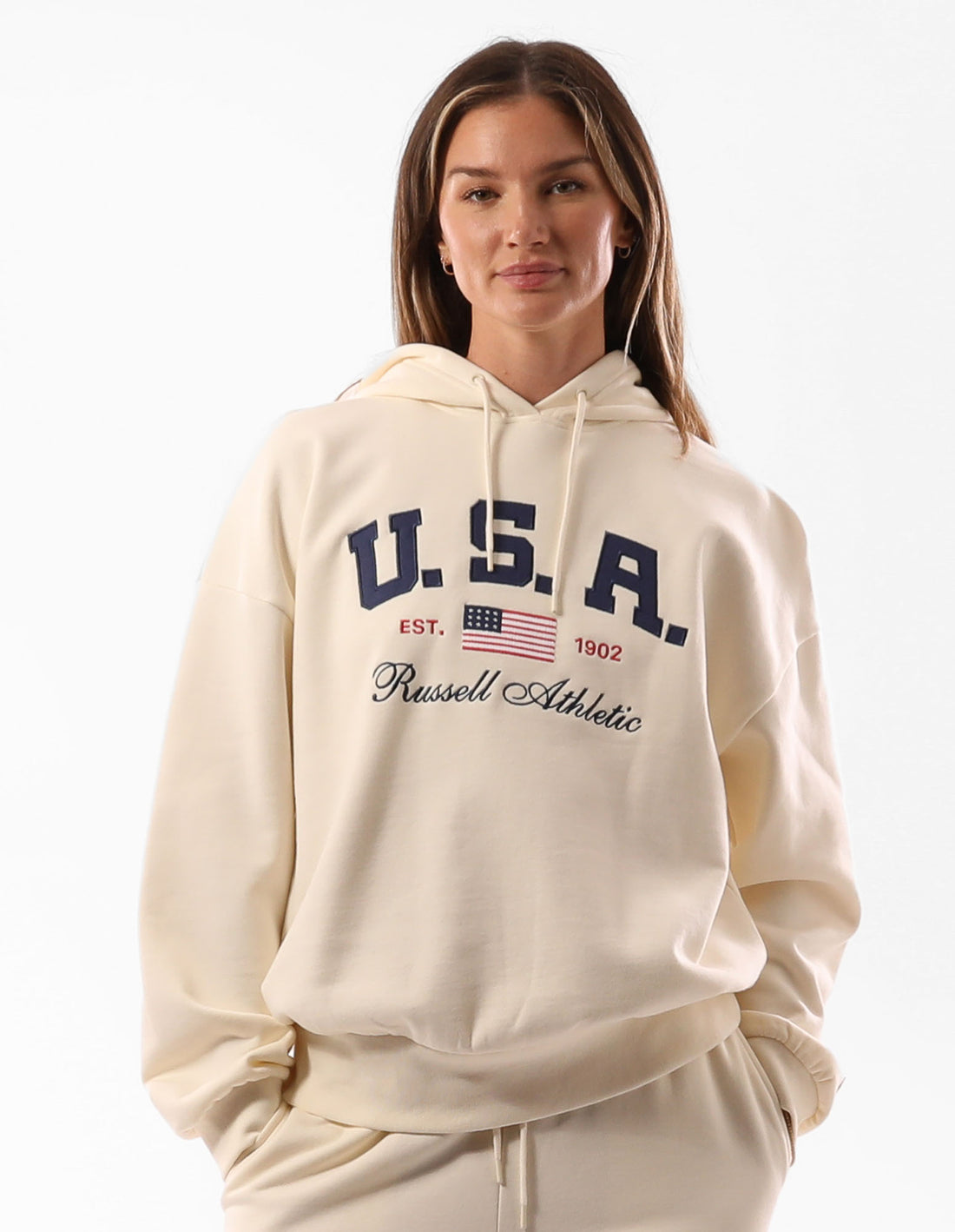 Women Russell Athletic 1902 Oversized Hoodie Beige | NMOFVT273