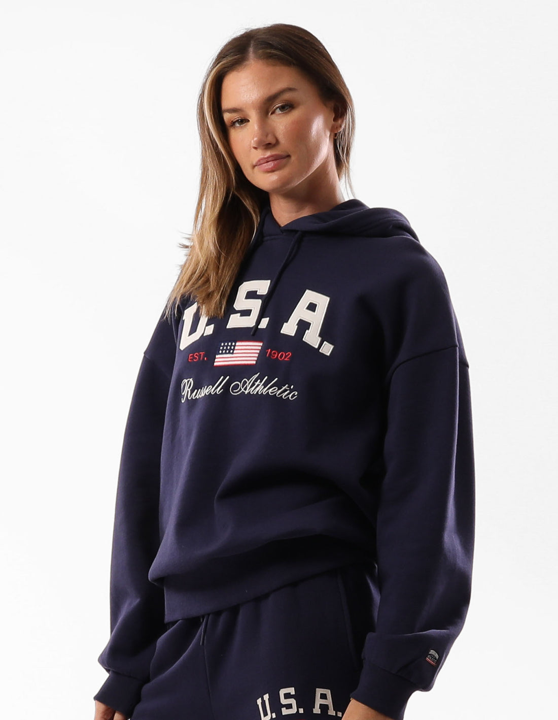 Women Russell Athletic 1902 Oversized Hoodie Blue | SZUQNY820