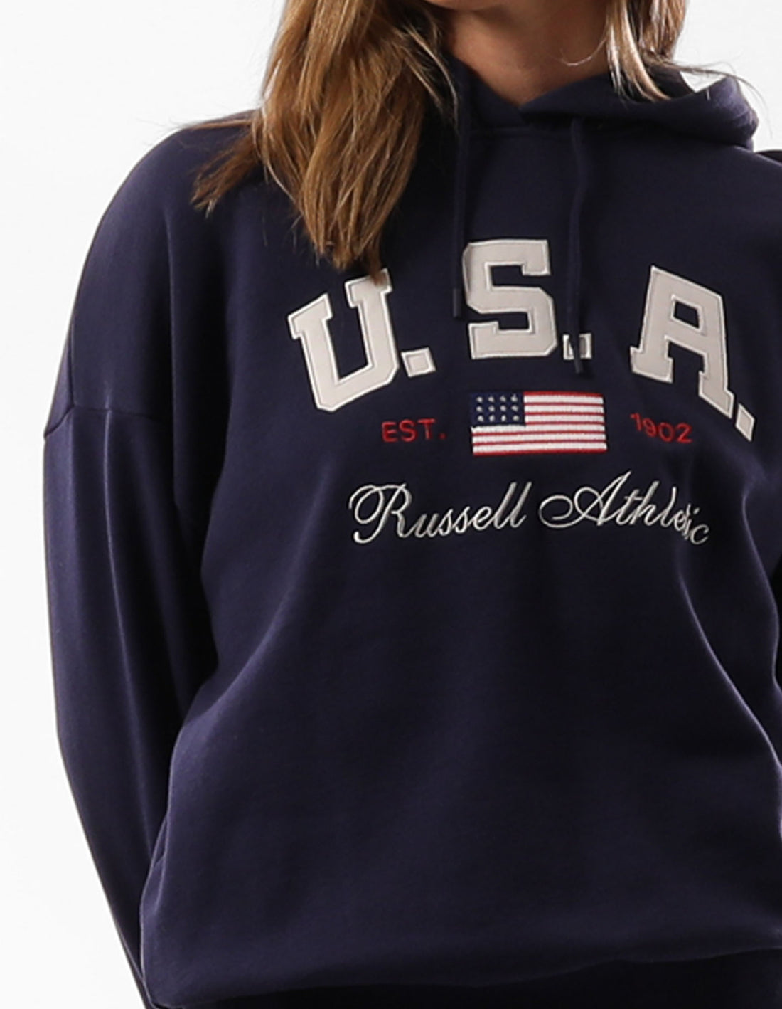 Women Russell Athletic 1902 Oversized Hoodie Blue | SZUQNY820