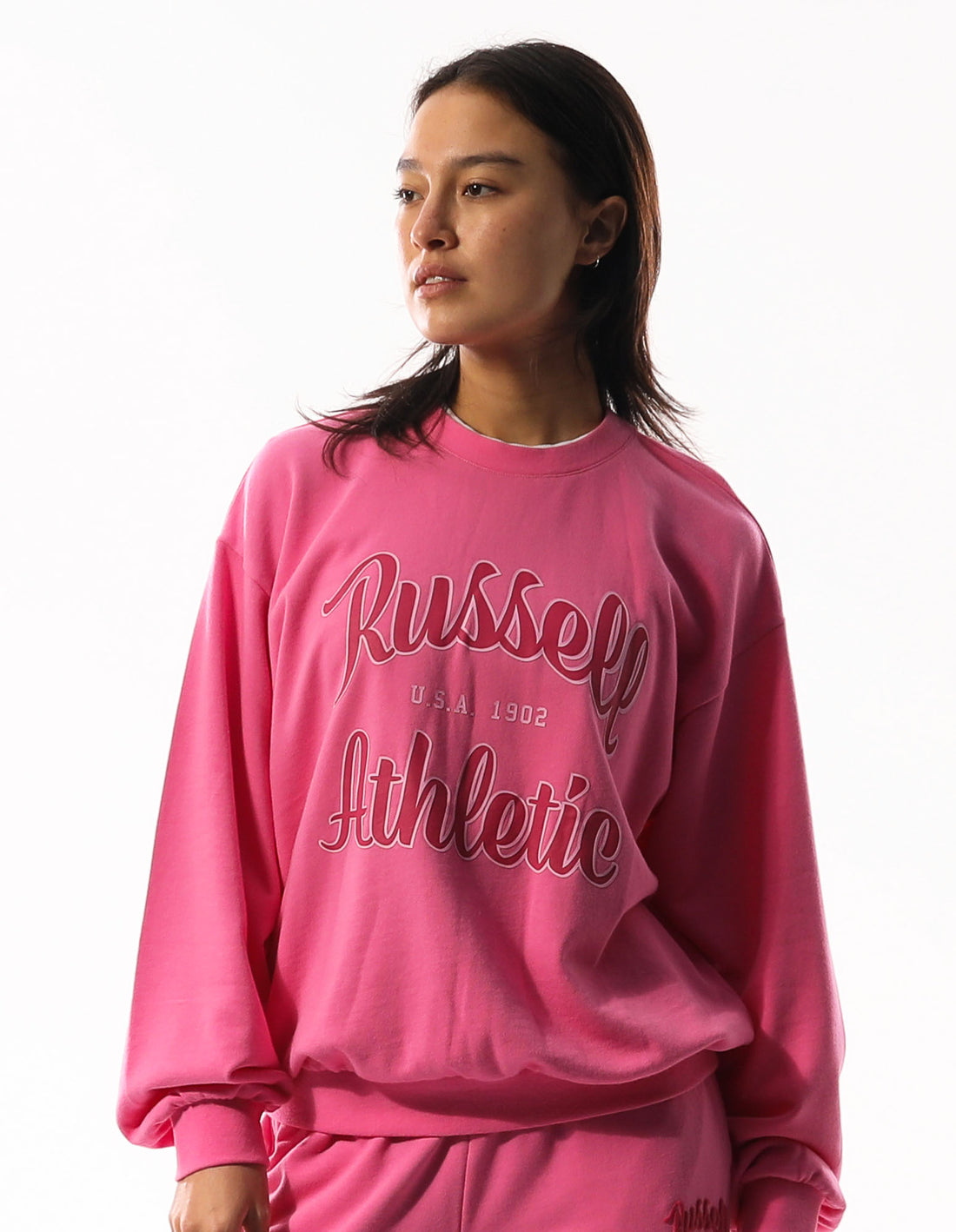 Women Russell Athletic Annie Oversized Crew Neck Sweaters Pink | GLOPFK826