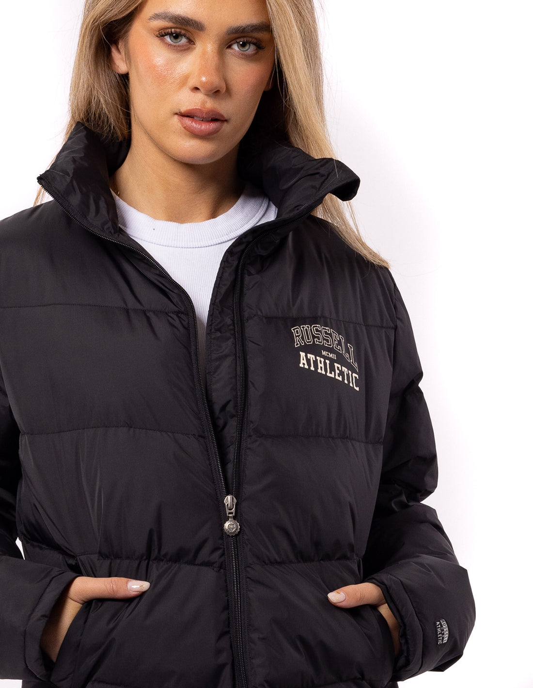 Women Russell Athletic Arch Logo Jackets Black | ZYWNCL629