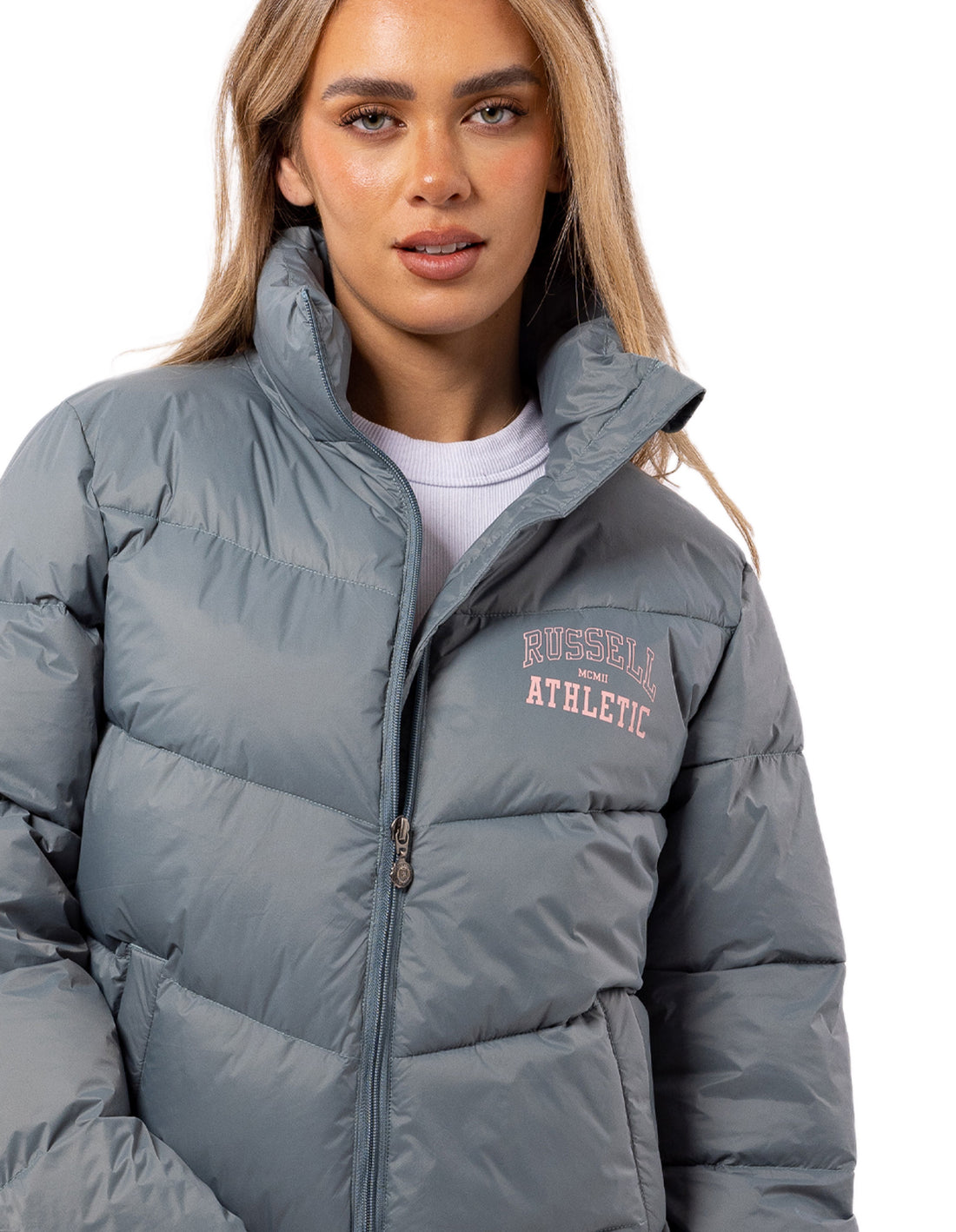 Women Russell Athletic Arch Logo Puffer Jacket Indigo | JCOXML948