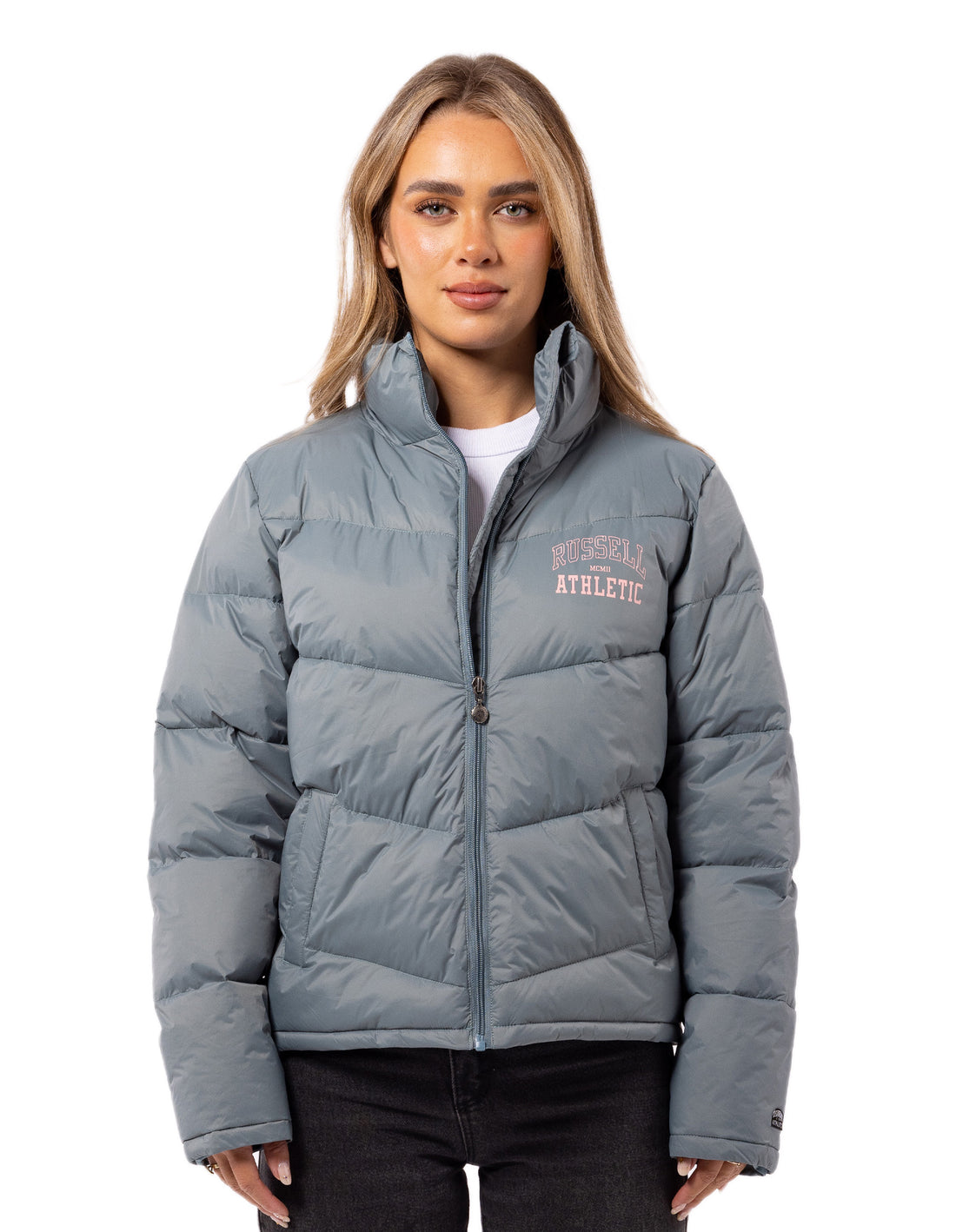 Women Russell Athletic Arch Logo Puffer Jacket Indigo | JCOXML948