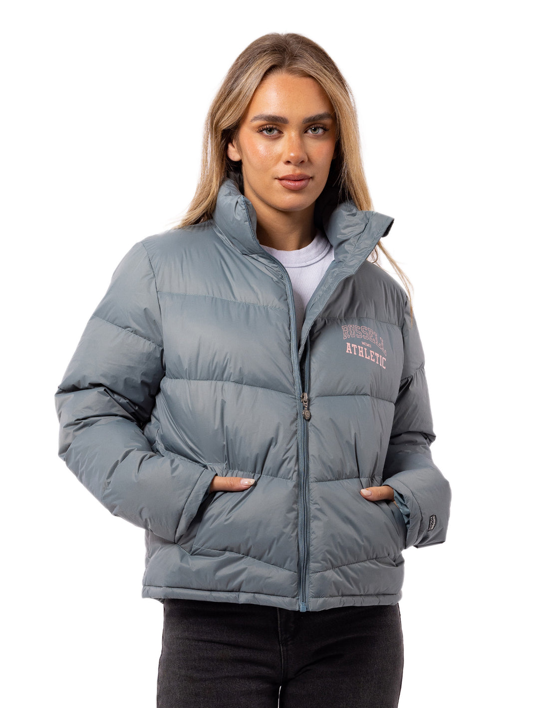 Women Russell Athletic Arch Logo Puffer Jacket Indigo | JCOXML948