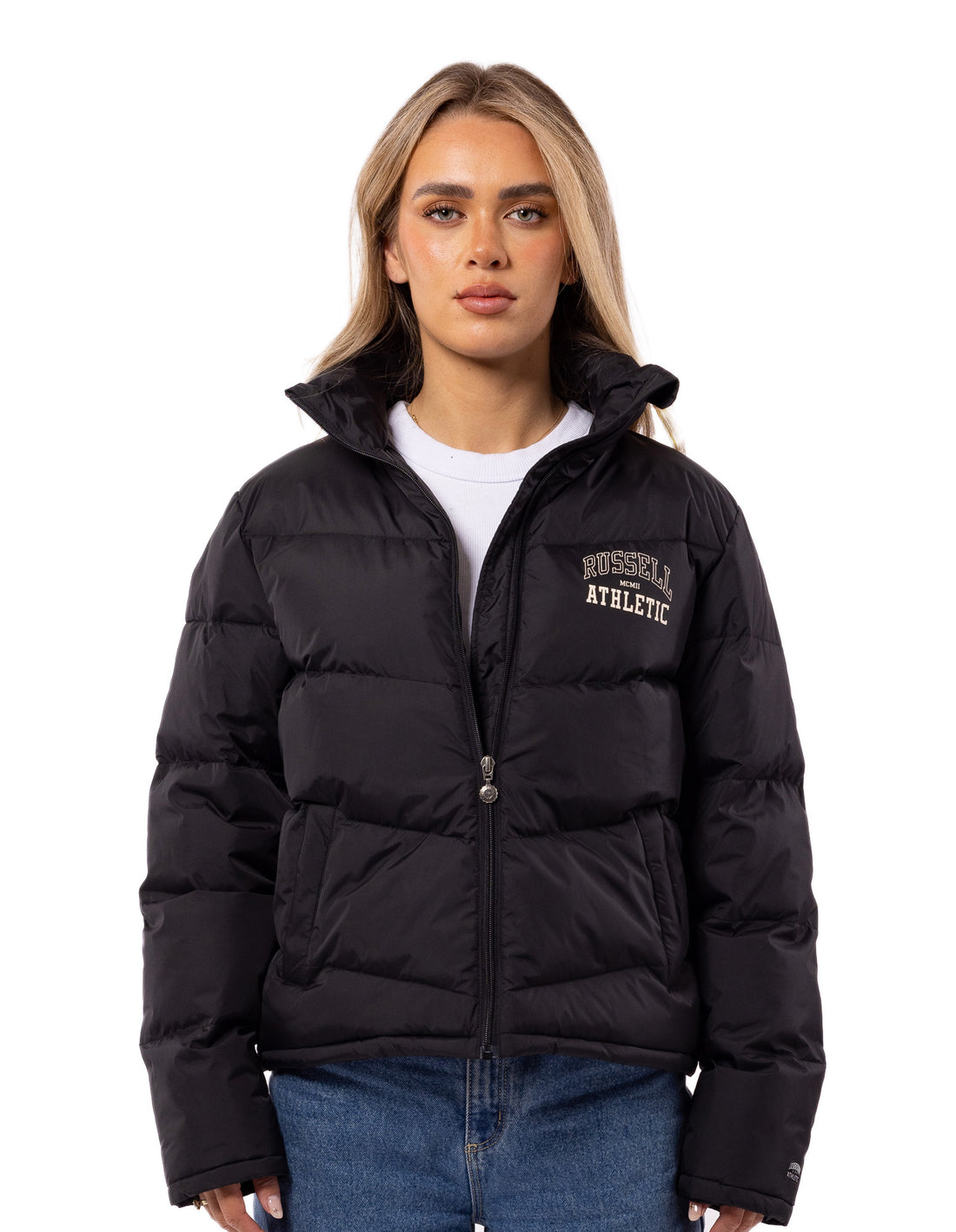 Women Russell Athletic Arch Logo Puffer Jacket Black | EDXGNS936