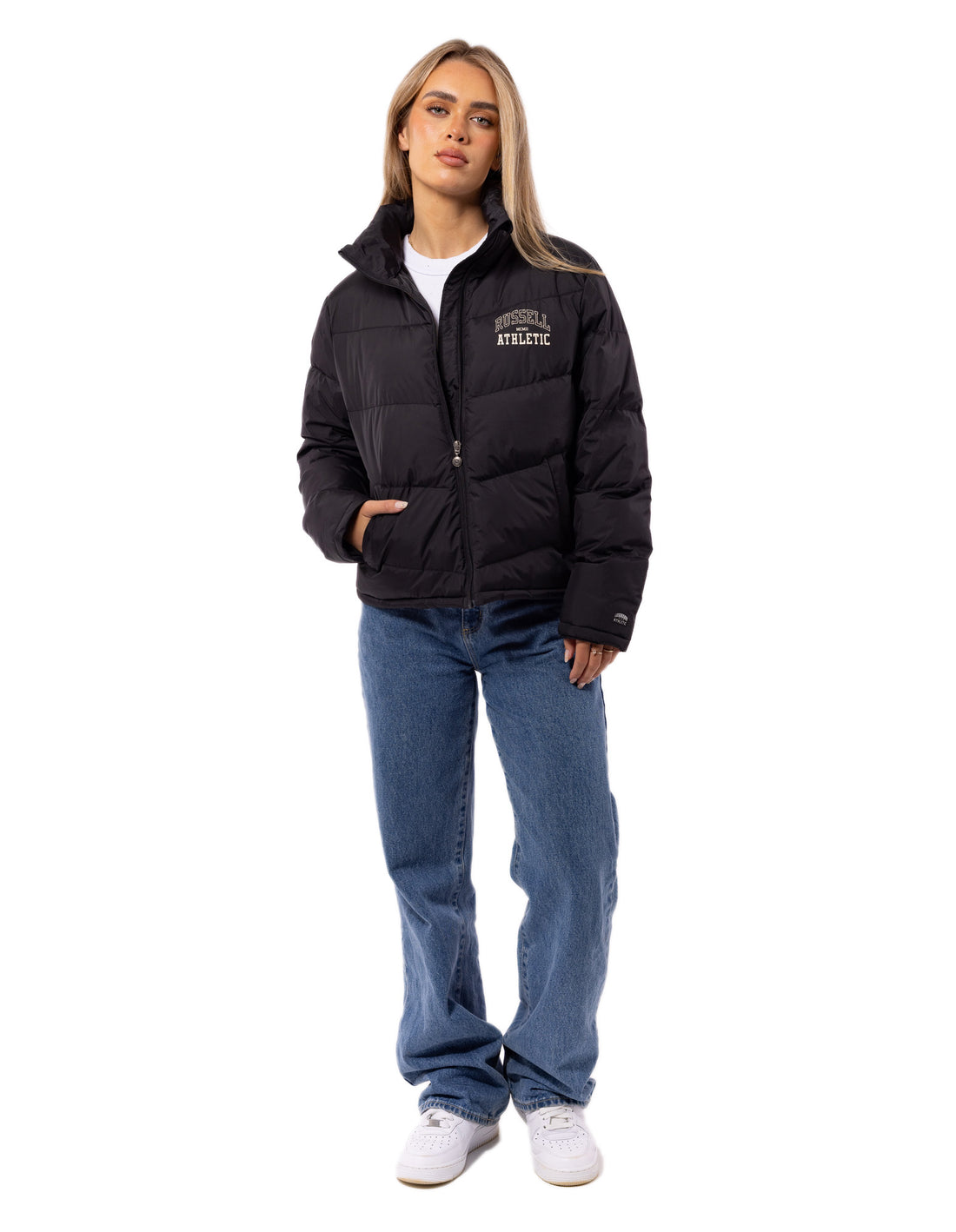 Women Russell Athletic Arch Logo Puffer Jacket Black | EDXGNS936