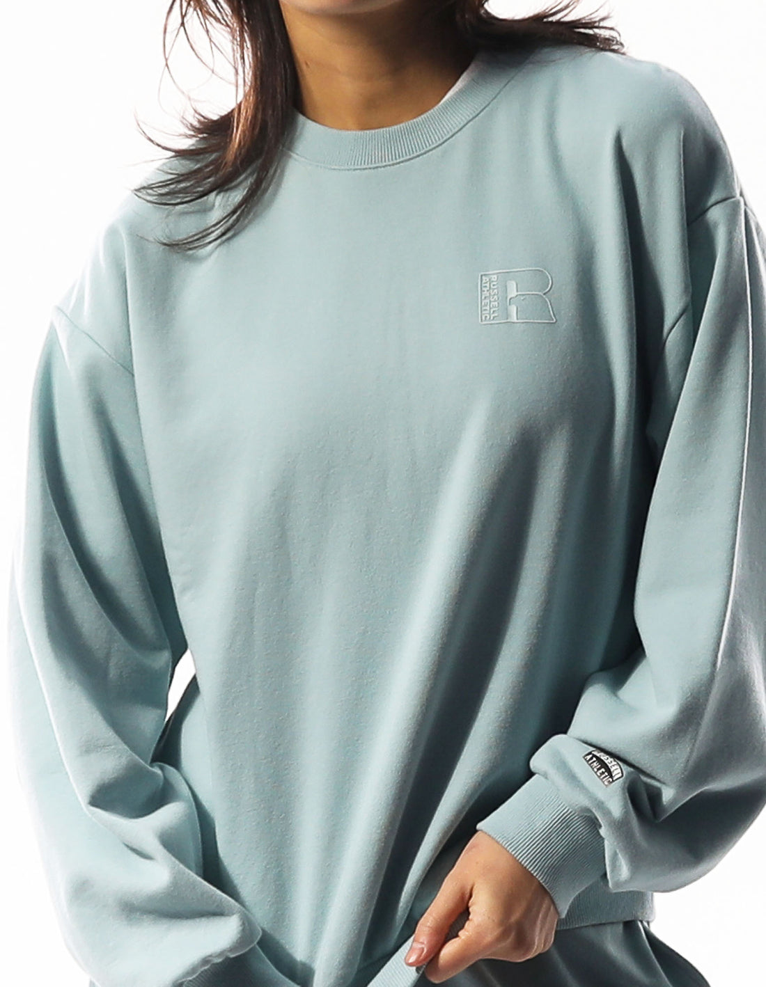 Women Russell Athletic Inlay Logo Unbrushed Crew Neck Sweaters Turquoise | XBIHCZ287