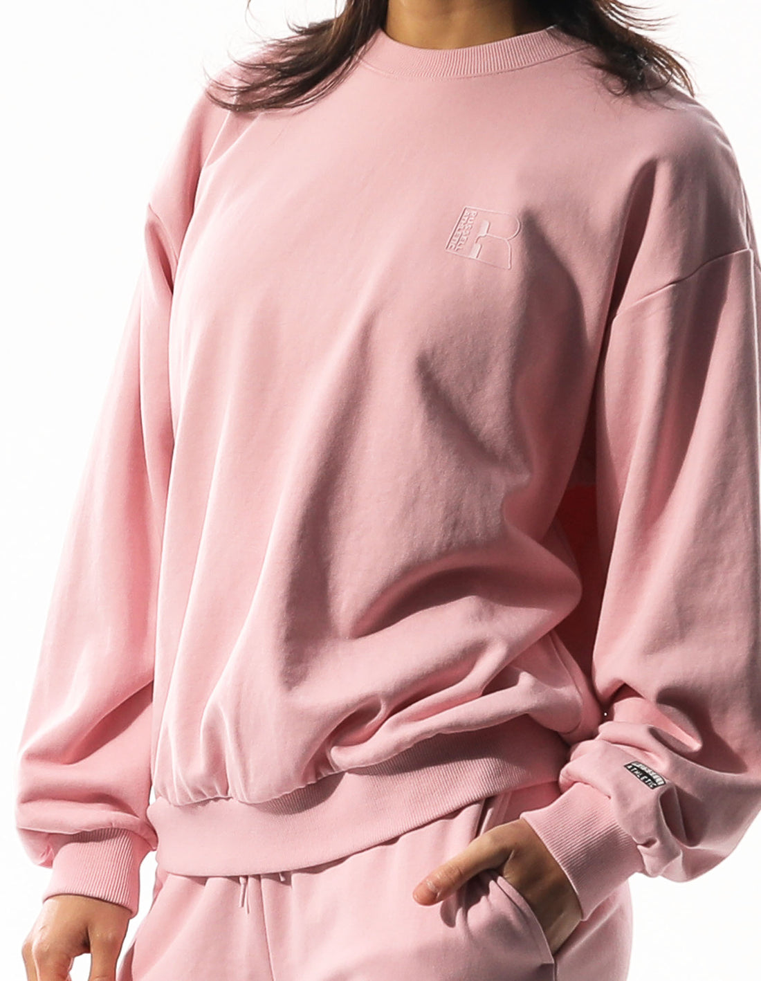 Women Russell Athletic Inlay Logo Unbrushed Crew Neck Sweaters Rose Pink | QYIWXK805