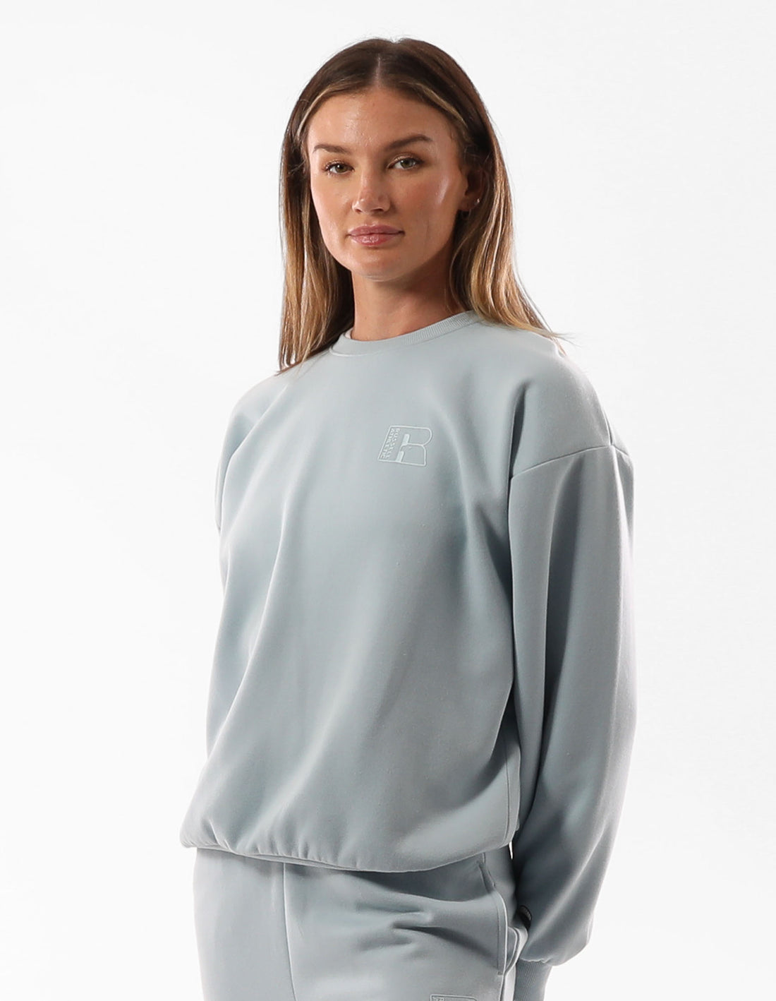 Women Russell Athletic Original Inlay Logo Crew Neck Sweaters Turquoise | IMUCPW839