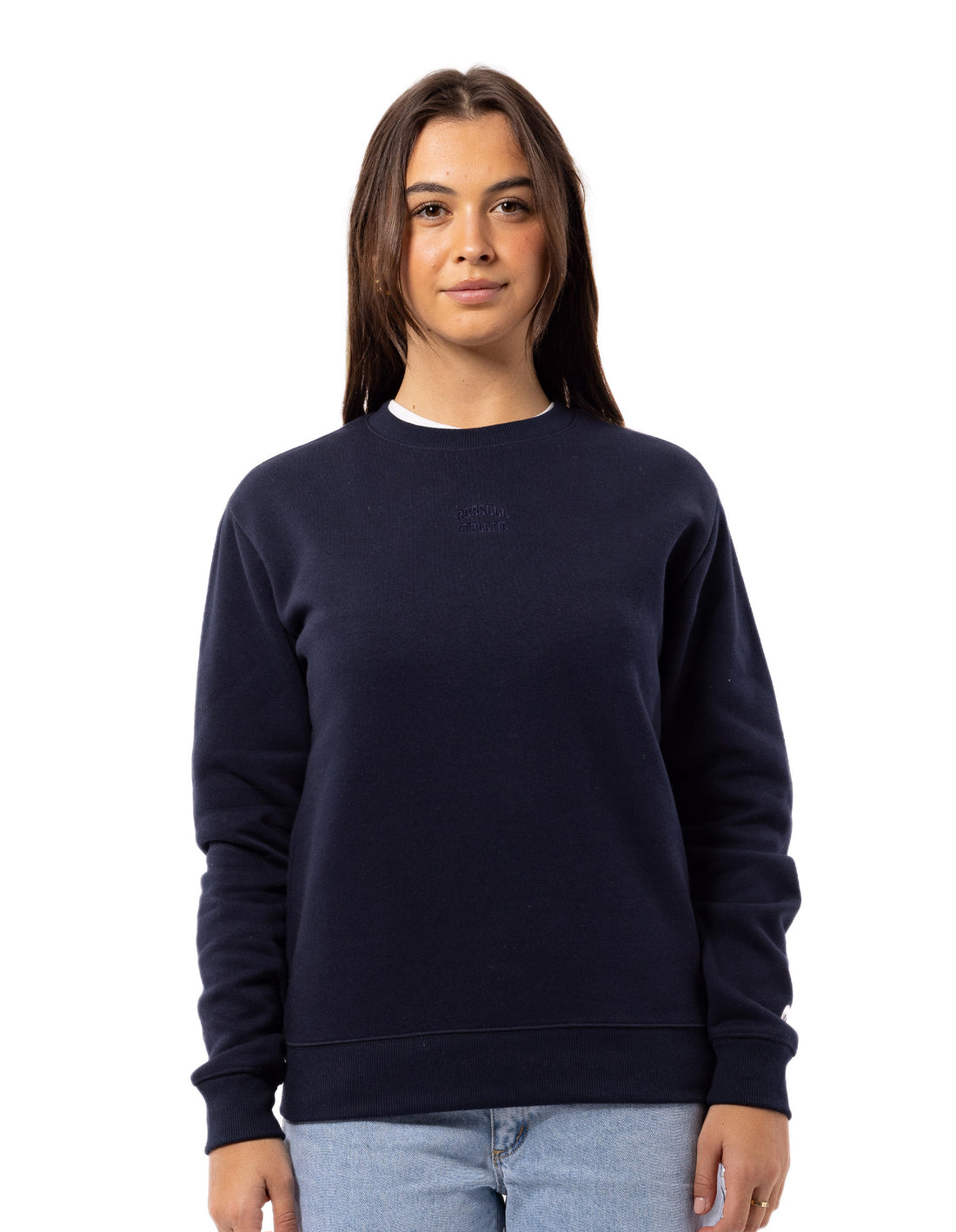 Women Russell Athletic Originals Embroidered Crew Neck Sweaters Navy | RZOXLV516