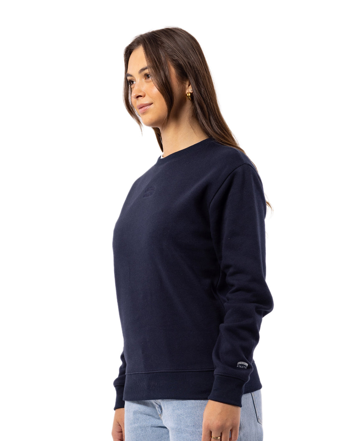 Women Russell Athletic Originals Embroidered Crew Neck Sweaters Navy | RZOXLV516