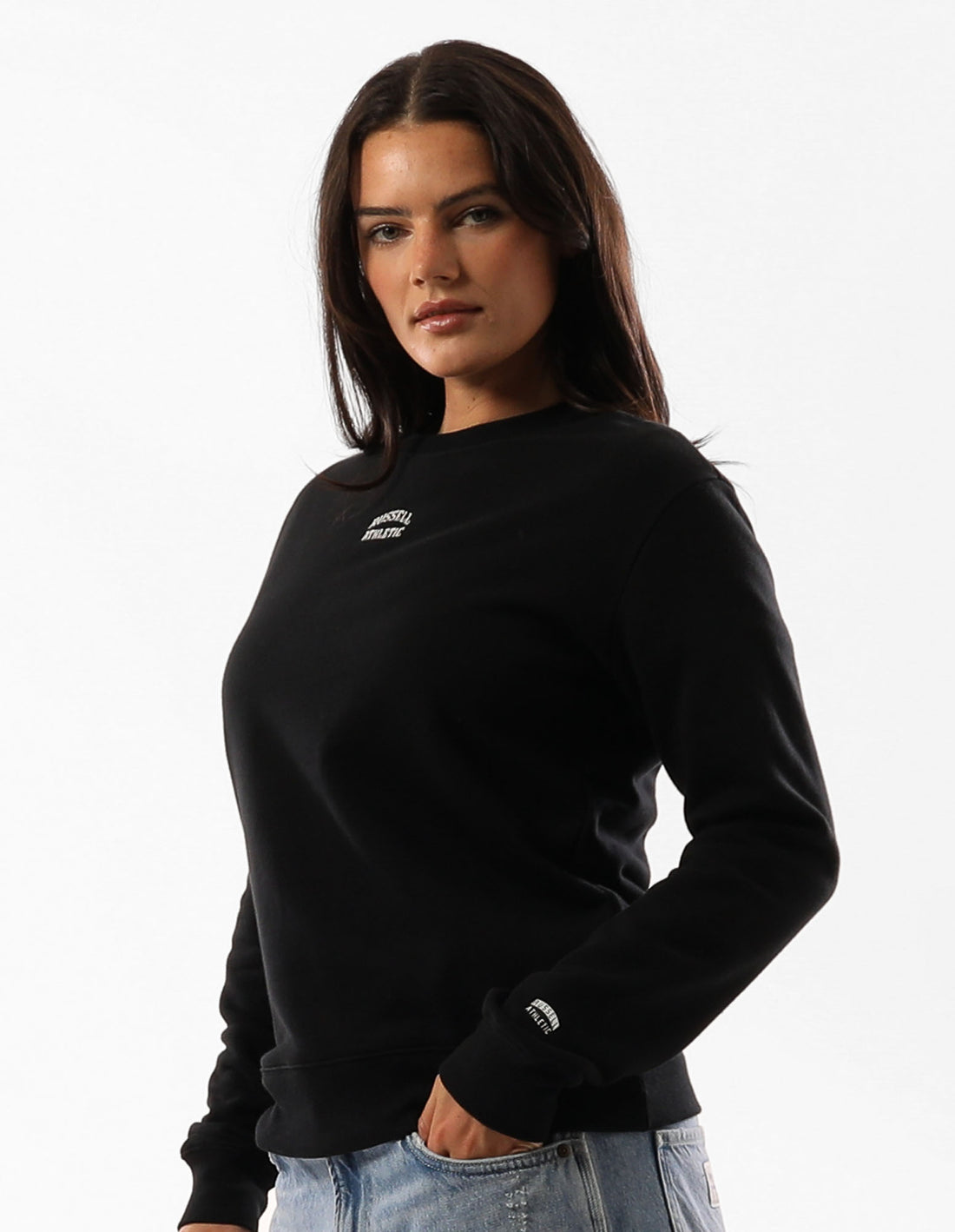 Women Russell Athletic Originals Embroidered Crew Neck Sweaters Black | DPHUKA842