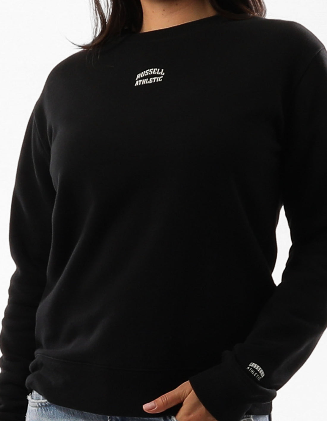 Women Russell Athletic Originals Embroidered Crew Neck Sweaters Black | DPHUKA842