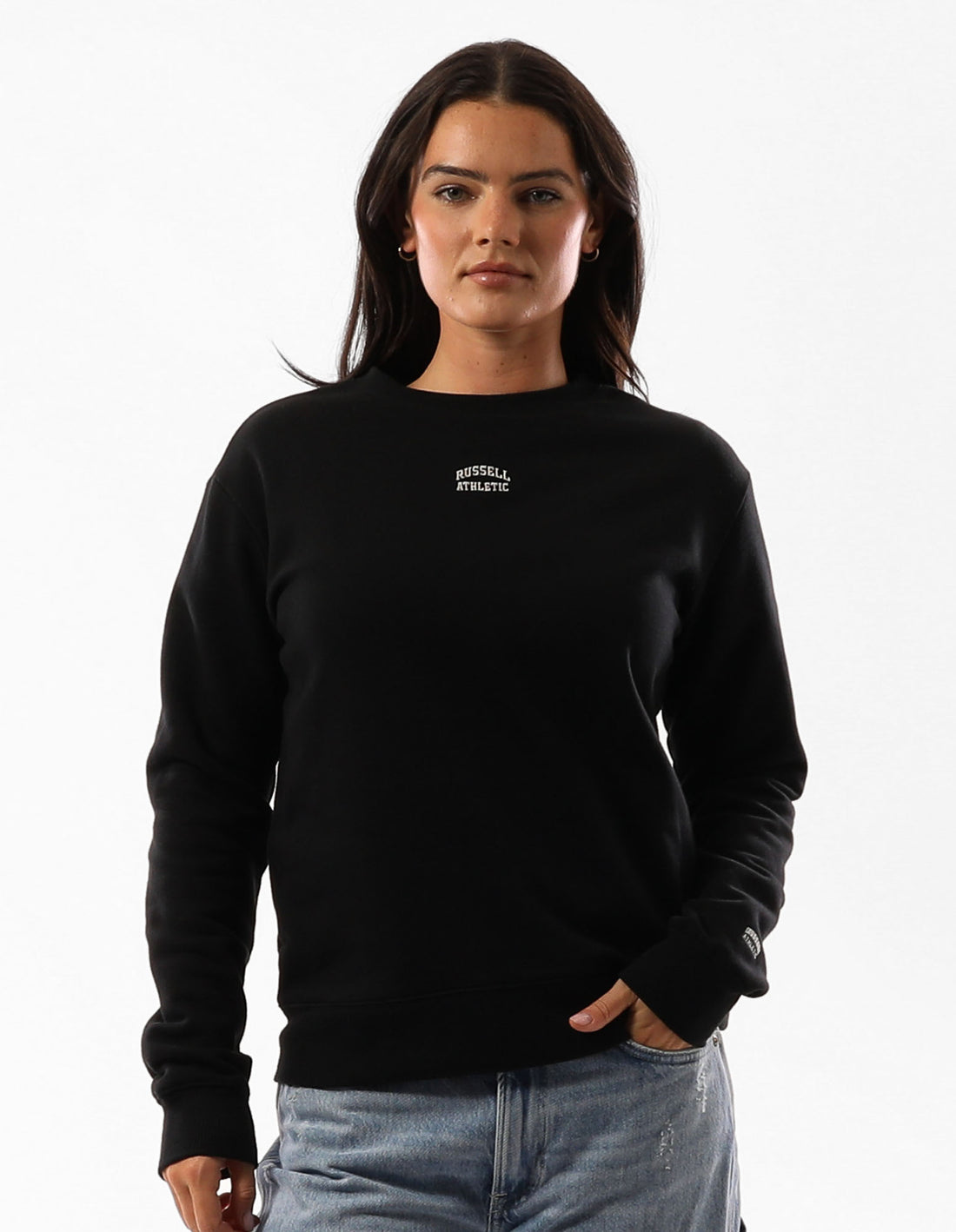 Women Russell Athletic Originals Embroidered Crew Neck Sweaters Black | DPHUKA842